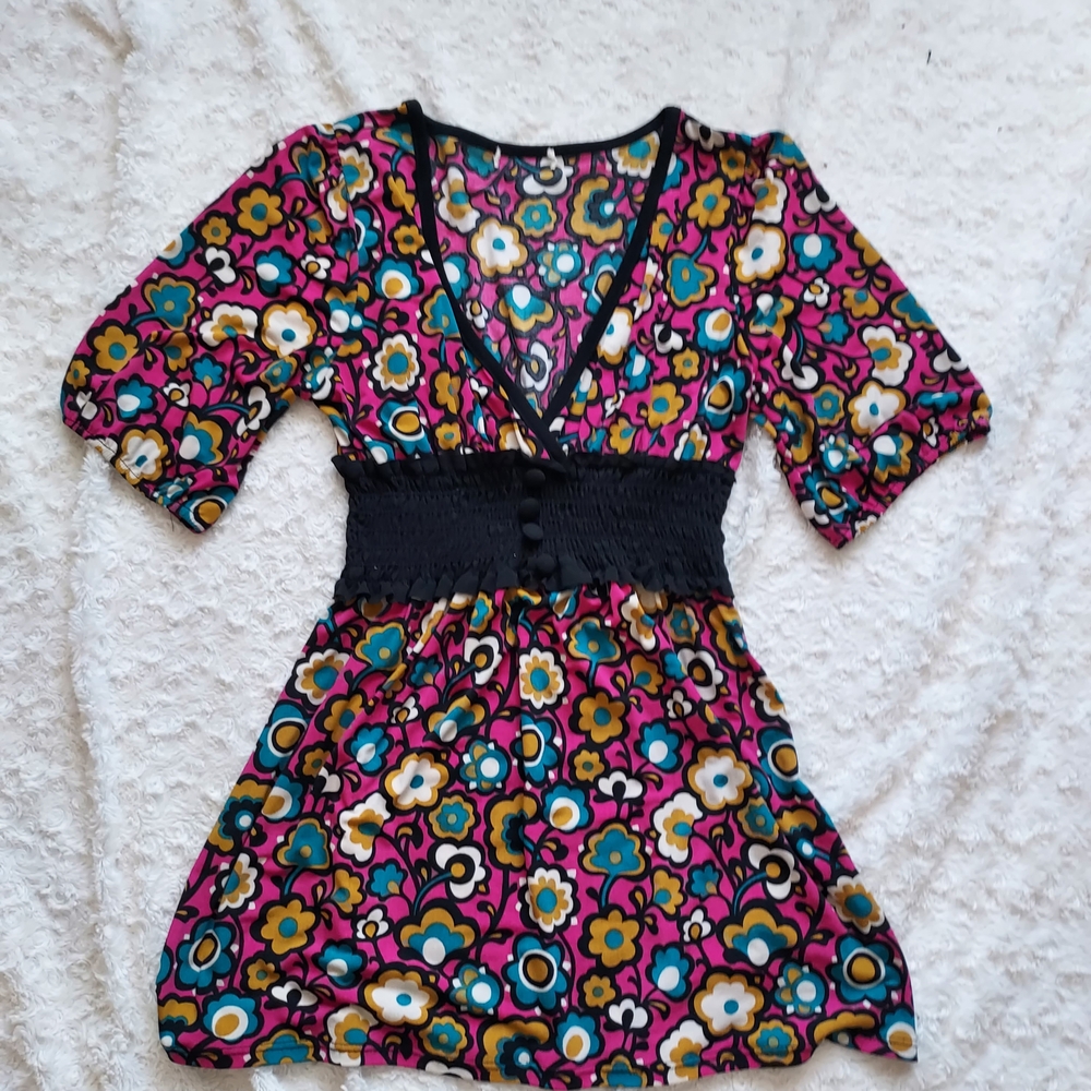 Vibrant Y2K Floral Ditsy Daisy V-Neck Tunic Dress in Pink, Teal, Mustard S/M